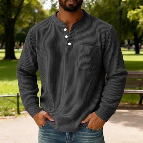 Henley Shirts For Men Corduroy Long Sleeve Button Textured Regular Fit Plain Shirt Tops