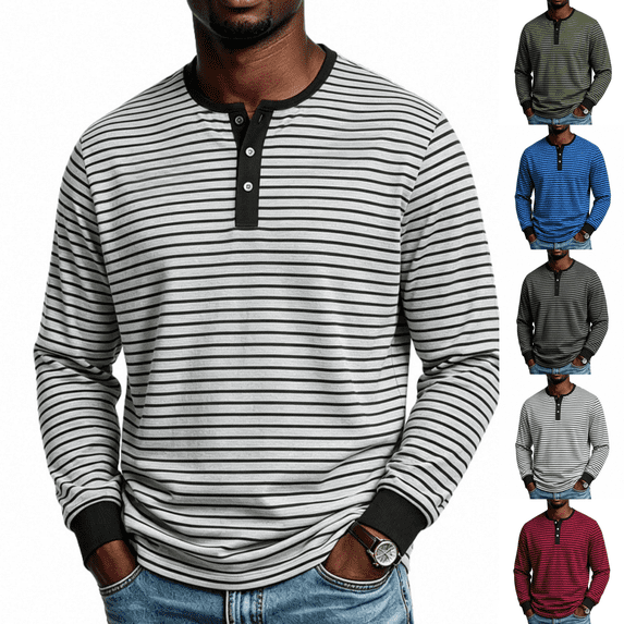 Henley Shirts for Men Long Sleeve Casual Stripe Tops Lightweight Long Sleeve V Neck Tshirts Moisture Wicking Casual Daily Fall Solid Versatile for Street Fashion Business Work