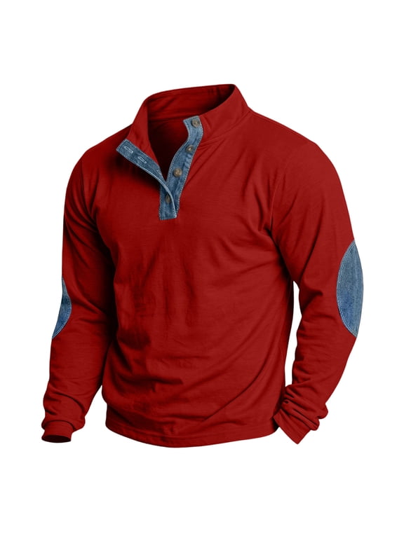 Henley Shirts for Men Long Sleeve Stand Collar Button Placket Pullover Denim Splicing Elbow Patches Comfortable Wear resistant Casual Daily Tees Red XL