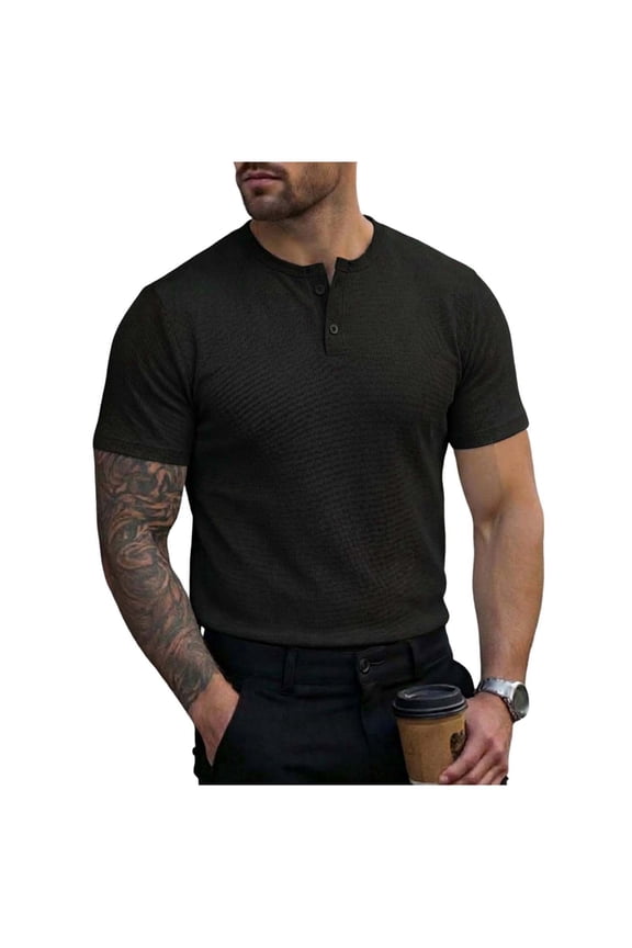 Henley Shirts for Men Short Sleeve, Grandad Collar Collarless Shirts for Men 2 Button Waffle T-Shirts Solid Color Summer Beach Henley T Shirts Vintage Plain Casual Shirts Size S-3XL