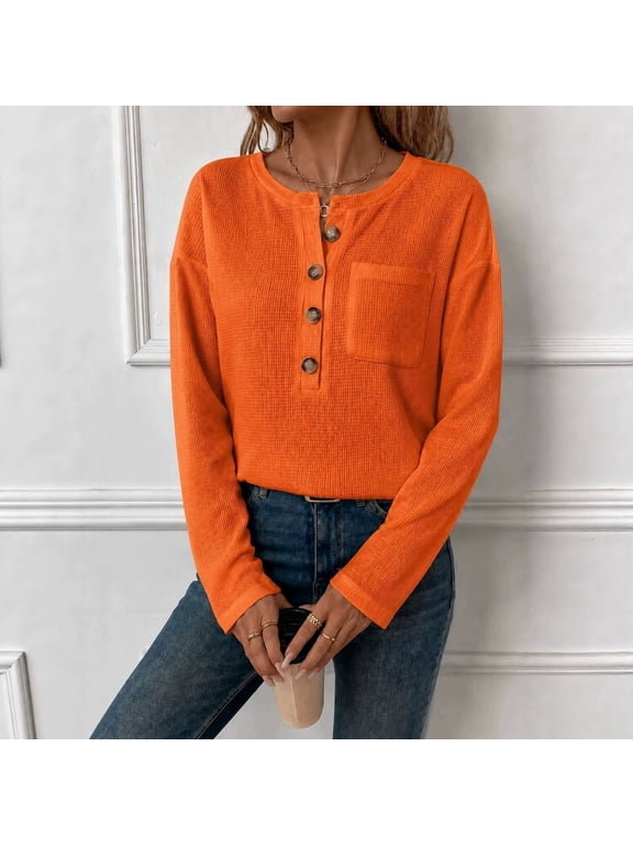 Henley Shirts for Women Waffle Knit Long Sleeve Shirts Casual Ribbed Tops | Henley Neck, Ribbed Knit, Lightweight Layering Top, Button Down, with Pockets, Vacation, 90s Fall Shirt Saffron 2XL