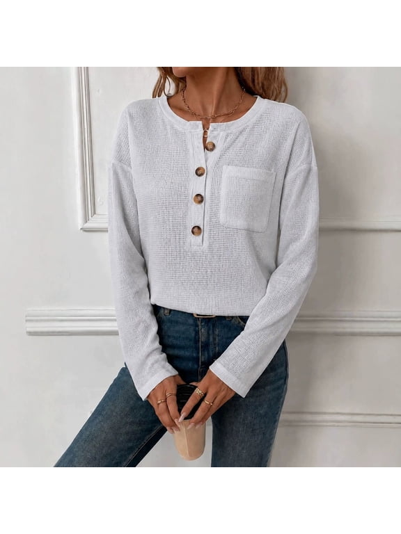 Henley Shirts for Women Waffle Knit Long Sleeve Shirts Casual Ribbed Tops | Henley Neck, Ribbed Knit, Lightweight Layering Top, Button Down, with Pockets, Vacation, 90s Fall Shirt Light Gray 2XL