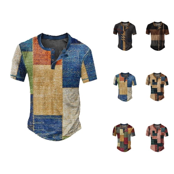 Henley Shirts for Men 2026 Summer Casual Short Sleeve Waffle Knit Color Block T Shirts Work Shirt