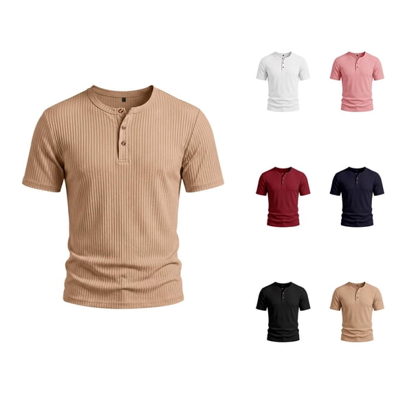 Henley Shirts for Men 3-Button Summer Plain Crew Neck Short Sleeve Mens T-Shirts Casual Tops