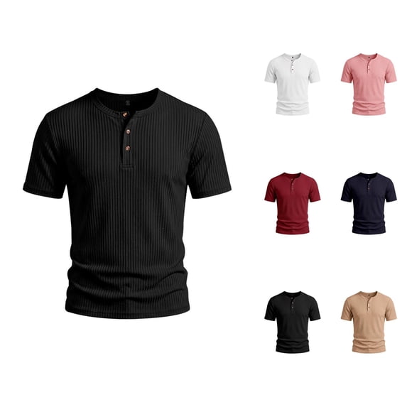 Henley Shirts for Men 3-Button Summer Plain Crew Neck Short Sleeve Mens T-Shirts Casual Tops
