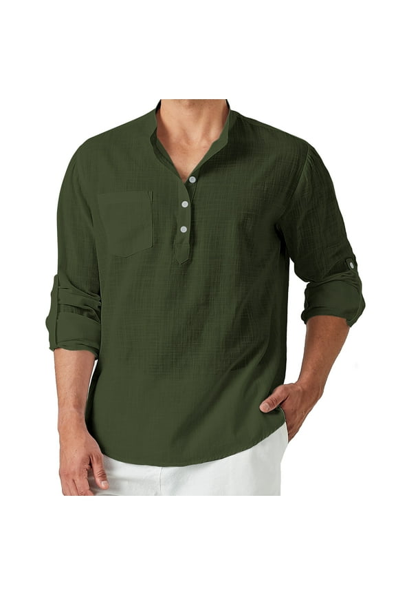 Mens Long Sleeve Linen Henley Shirt Cotton Casual Outdoor Button-Up with Roll Up Sleeve Green