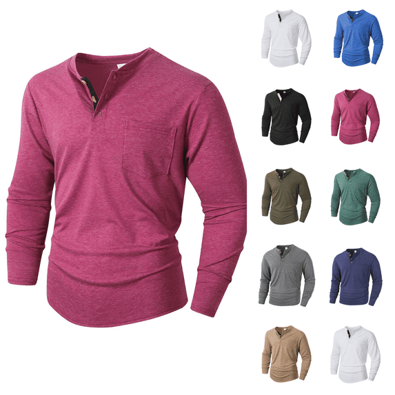 Henley Shirts for Men Casual Shirts Button Down Long Sleeve Solid Dress Shirt Beach Vacation Shirts Hot Pink XL