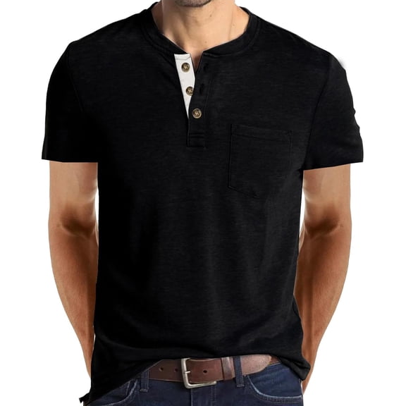 Henley Shirts for Men Casual Short Sleeve Cotton T-Shirt Basic Button Tee Shirts with Pocket