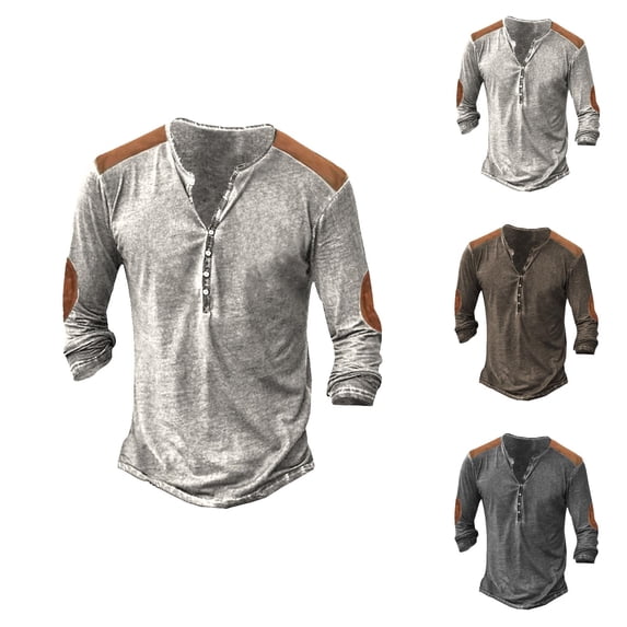 Henley Shirts for Men Front Placket Button Down Retro Casual Long Sleeve Washed T Shirts for Men Renaissance Top