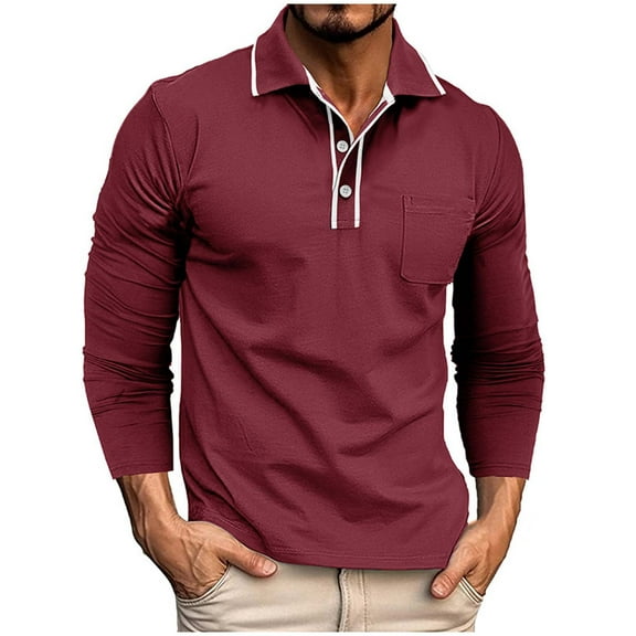 Henley Shirts for Men Lapel Long Sleeve Half Button Fall Casual Fashion Basic Tops with Pocket Wine XL