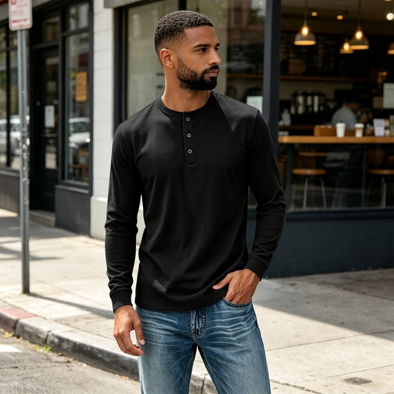 Henley Shirts for Men Long Sleeve 3 Button Solid Color Pullover Top Casual Soft Lightweight Fall Basic Tee Black XXL