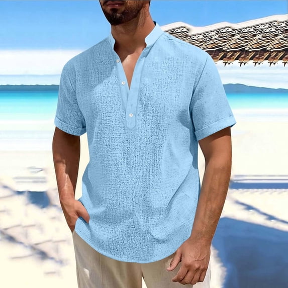 Henley Shirts for Men Plus Size Casual Short Sleeve Textured Band Collar T Shirts Summer Holiday Beach Hippie Tops Size M-5XL