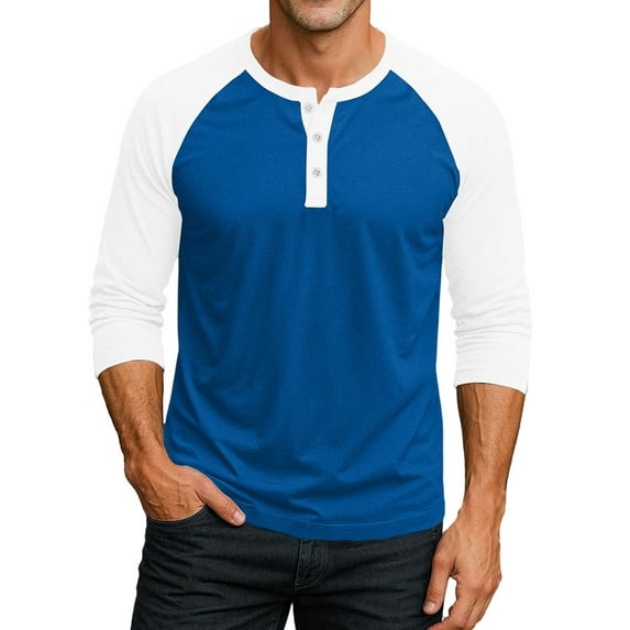 Henley Shirts for Men Raglan 3/4 Sleeve Baseball Tshirt Men Crew Neck Solid Tees Casual Regular Fit Button Blouse Tops B#116_Blue L(US:8)