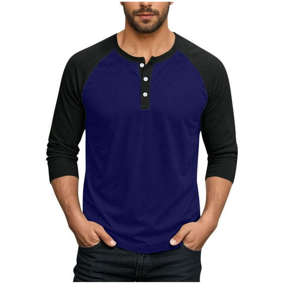Henley Shirts for Men Raglan 3/4 Sleeve Muscle Baseball T-Shirts Button V Neck Shirt Contrast Color Tee Tops