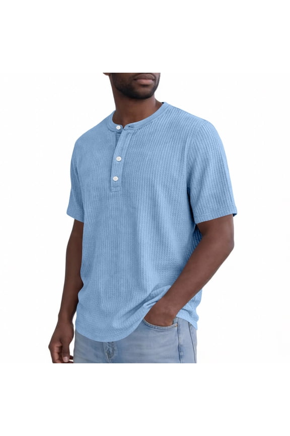 Henley Shirts for Men Short Sleeve Waffle-Knit Casual 3 Button T-Shirt Regular-Fit Blue 3XL
