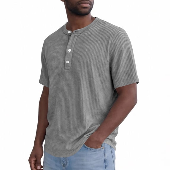 Henley Shirts for Men Short Sleeve Waffle-Knit Casual 3 Button T-Shirt Regular-Fit Gray M