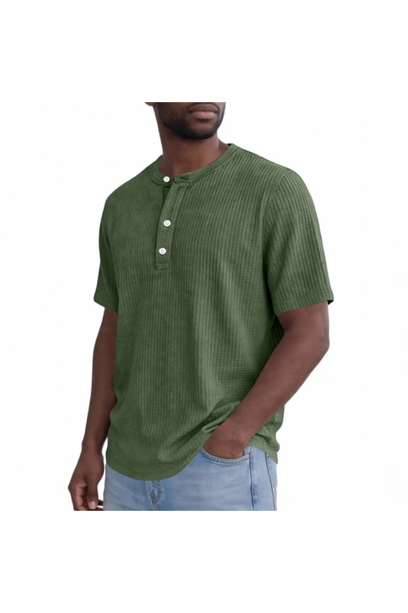 Henley Shirts for Men Short Sleeve Waffle-Knit Casual 3 Button T-Shirt Regular-Fit Green 3XL