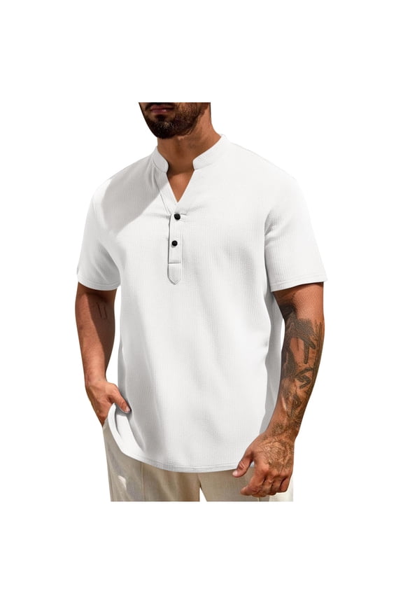 Henley Shirts for Men Short Sleeve Waffle-Knit Casual 3 Button T-Shirt Regular-Fit White M