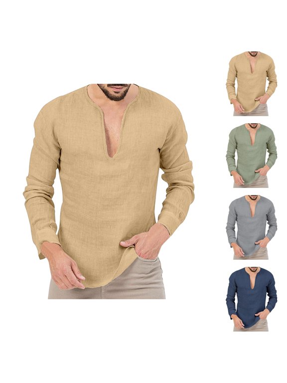 Henley Shirts for Men Spring Summer Solid Deep V Neck Long Sleeve T Shirts for Man Casual Tops