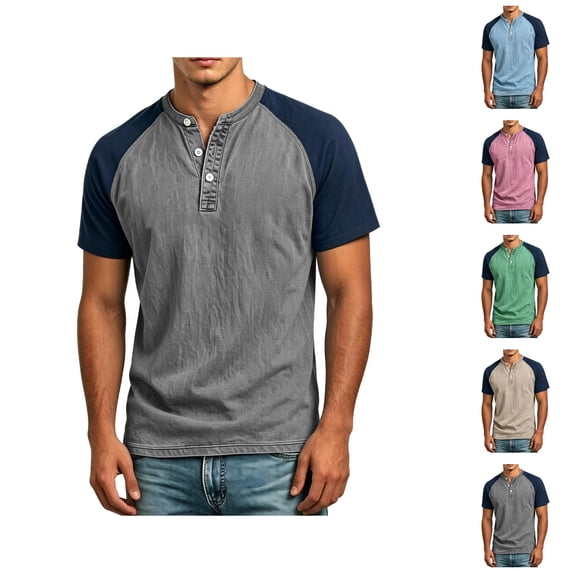 Henley Shirts for Men Summer Casual Crew Neck Raglan Short Sleeve Color Block Tops Dress Shirts