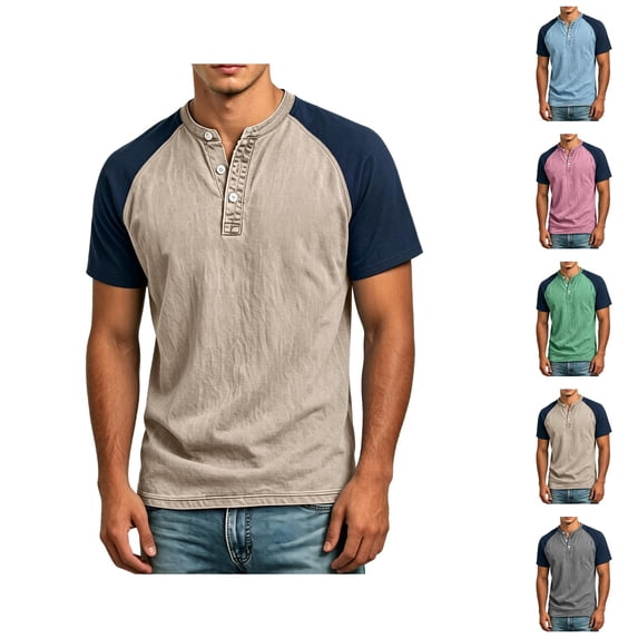 Henley Shirts for Men Summer Casual Crew Neck Raglan Short Sleeve Color Block Tops Dress Shirts