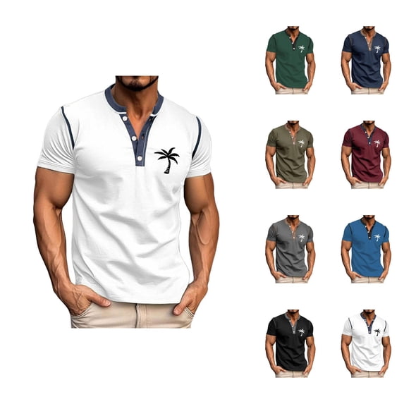Henley Shirts for Men Summer Short Sleeve Casual Coconut Tree Graphic T Shirts Beach Vacation Outfits