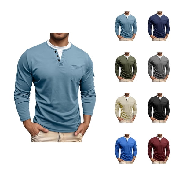 Henley Shirts for Men Summer Solid Casual Crew Neck Long Sleeve Pocket T Shirts for Men