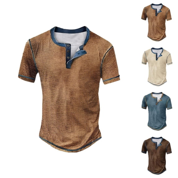 Henley Shirts for Men Summer Solid Casual Short Sleeve Waffle Weave Mens T-Shirts Renaissance Top