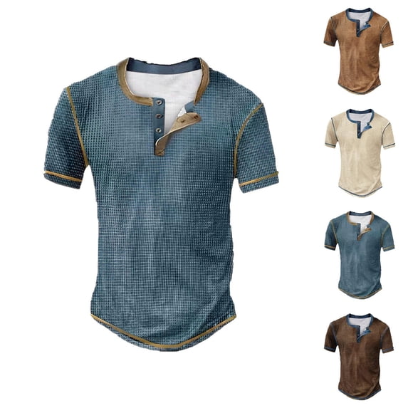 Henley Shirts for Men Summer Solid Casual Short Sleeve Waffle Weave Mens T-Shirts Renaissance Top