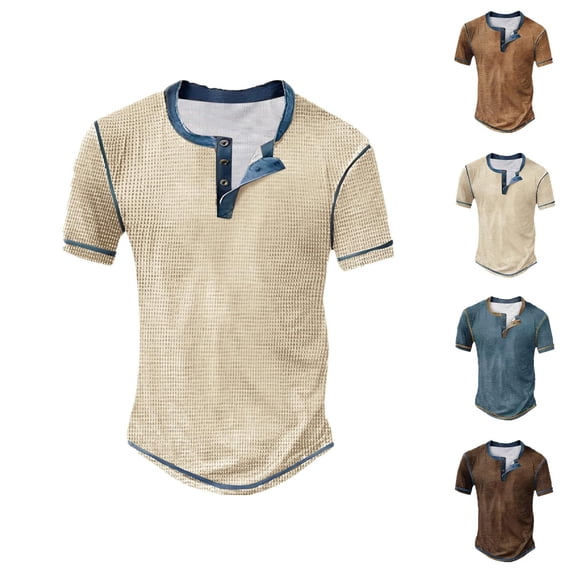 Henley Shirts for Men Summer Solid Casual Short Sleeve Waffle Weave Mens T-Shirts Renaissance Top
