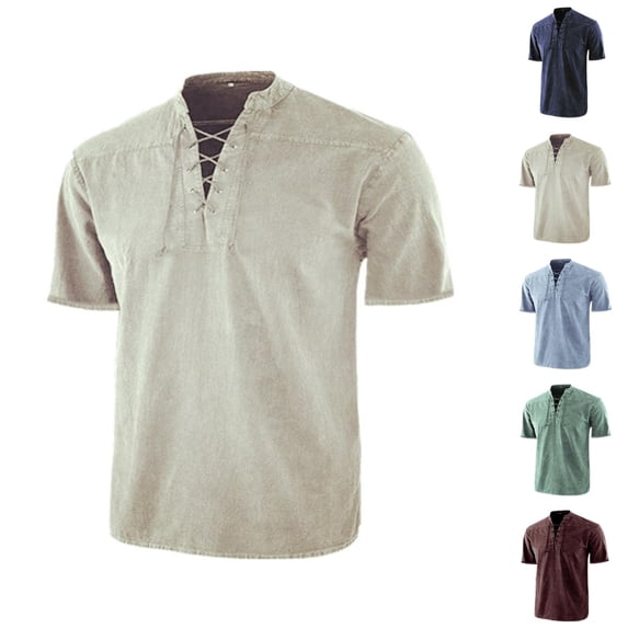 Henley Shirts for Men Summer Solid Retro Casual V Neck Short Sleeve Mens T-Shirts Renaissance Top