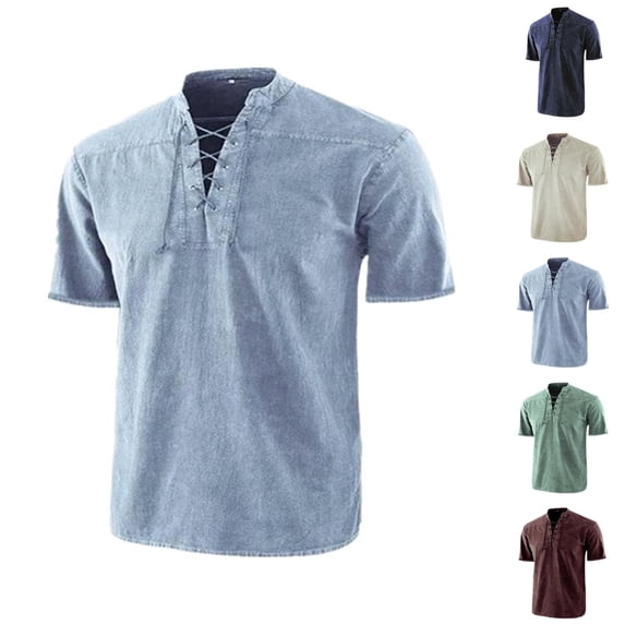 Henley Shirts for Men Summer Solid Retro Casual V Neck Short Sleeve Mens T-Shirts Renaissance Top