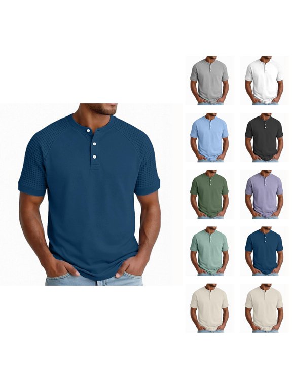Henley Shirts for Men Whith Waffle Weave Summer Solid Casual Crew Neck Short Sleeve Mens T-Shirts