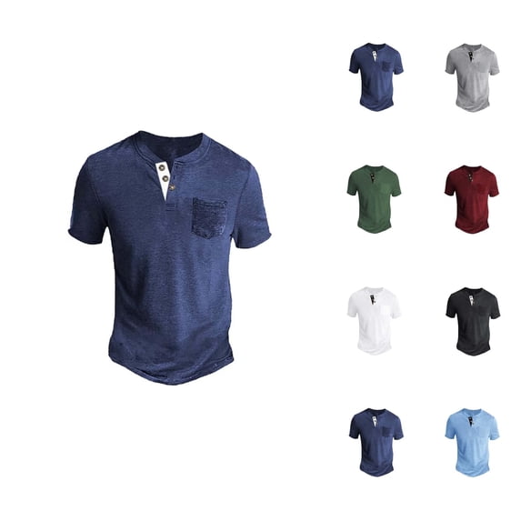 Henley Shirts for Men with Pocket Summer Casual Solid Short Sleeve Mens T-Shirts Renaissance Top