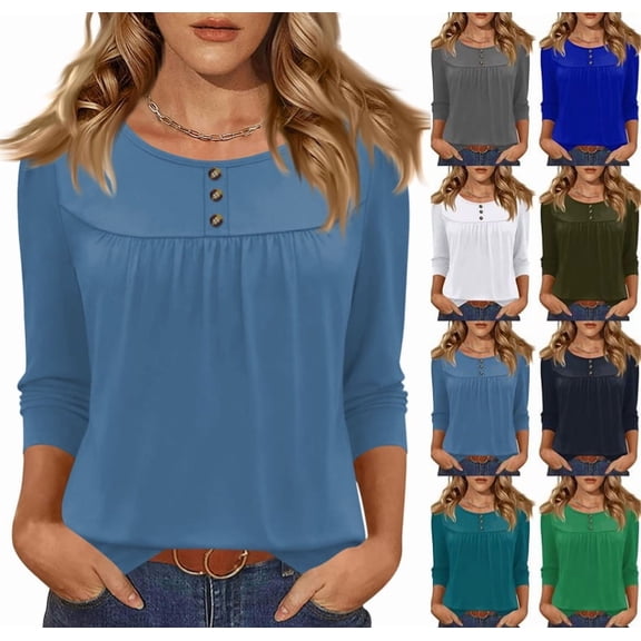 Henley Shirts for Women 3/4 Length Sleeve Womens Tops Button Up Blouse Pleated Dressy Tunic Tops Blue S