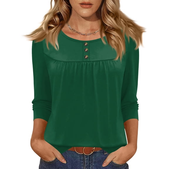 Henley Shirts for Women 3/4 Length Sleeve Womens Tops Button Up Blouse Pleated Trendy Tunic Tops Army Green 3XL
