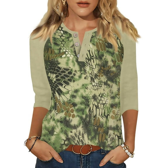 Henley Shirts for Women Button V Neck Camo Shirt Casual Loose Fit 3/4 Sleeve Blouses Tee