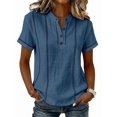 thumbnail image 1 of Henley Shirts for Women Contrast Stitching Short Sleeve Blouse Button Down Stand Collar Tunic Tops Blue L, 1 of 6