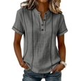 thumbnail image 1 of Henley Shirts for Women Contrast Stitching Short Sleeve Blouse Button Down Stand Collar Tunic Tops Gray M, 1 of 6