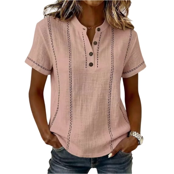 Henley Shirts for Women Cotton linen Short Sleeve Stitched Dressy Casual Summer Boho Button Tops Loose Fit Tunic Top Work Blouses,3XL