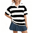 thumbnail image 1 of Henley Shirts for Women Elbow Sleeve Striped Polo Shirts Causal Loose Lapel Summer Pullover Tops, S, 1 of 4