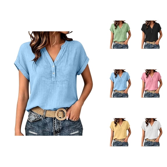 Henley Shirts for Women Short Sleece Button Down Womens Blouses Summer V Neck Casual Office Shirts