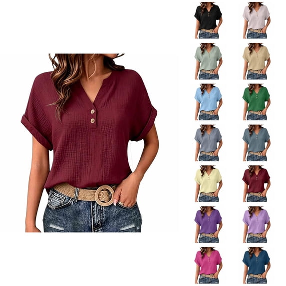 Henley Shirts for Women Short Sleece Button Down Womens Blouses V Neck Casual Womens Summer Tops