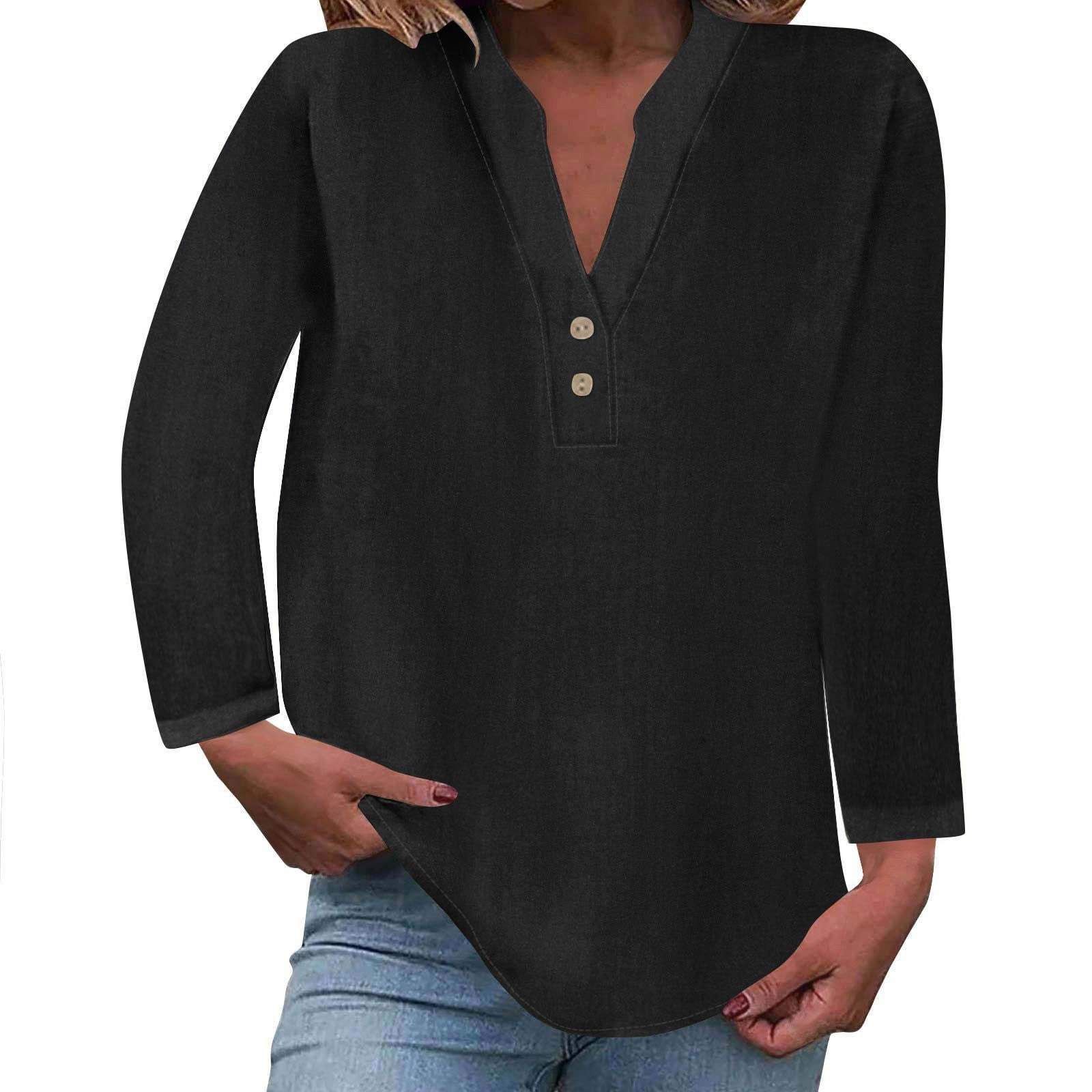 Henley Shirts for Women Solid Casual Long Sleeve Pullover Tops Comfy ...