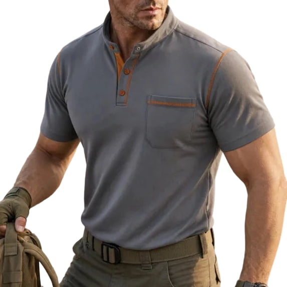 Henley Short Sleeve Shirt For Men Color Block Casual Contrast Trim Button Placket Tops Cotton Blend Knit Polo Shirt With Chest Pocket For Outdoor Sports And Daily Wear