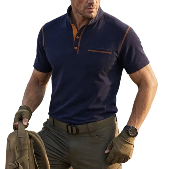 Henley Short Sleeve Shirt For Men Color Block Casual Contrast Trim Button Placket Tops Cotton Blend Knit Polo Shirt With Chest Pocket For Outdoor Sports And Daily Wear