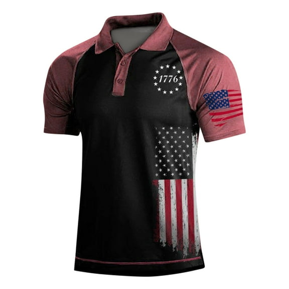 Henley Style Men's Raglan Short Sleeve Shirt, Independence Day Theme with Three-Button Design and Breathable Cotton Fabric ,Red 3XL