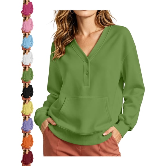 Henley Sweatshirt for Women Oversized Long Sleeve V-Neck Button Kangaroo Pocket Casual Pullover Basic Tops