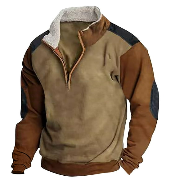 Henley Sweatshirts for Men Corduroy Sweatshirts,Men's Sweatshirts Vintage Button Up Shirts Patchwork Color Block Stand Collar Long Sleeve Shirt Outdoor Casual Pullover Top Elbow Patches