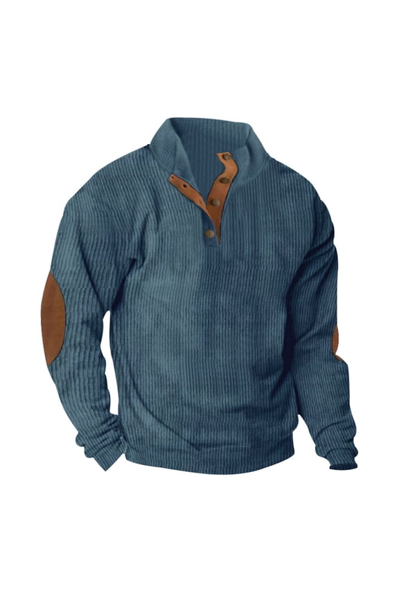 Henley Sweatshirts for Men Corduroy Sweatshirts,Men's Sweatshirts Vintage Button Up Shirts Patchwork Color Block Stand Collar Long Sleeve Shirt Outdoor Casual Pullover Top Elbow Patches